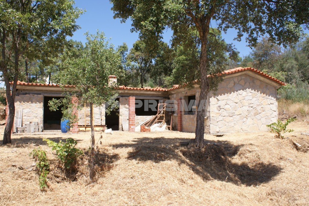 Petite ferme avec oliviers, pins, chênes et une maison en construction.